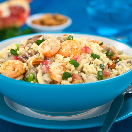 a1. menu de semaine - Salade de couscous perlé aux crevettes, légumes d'automnes, feta et vinaigrette au miel et balsamique blanc