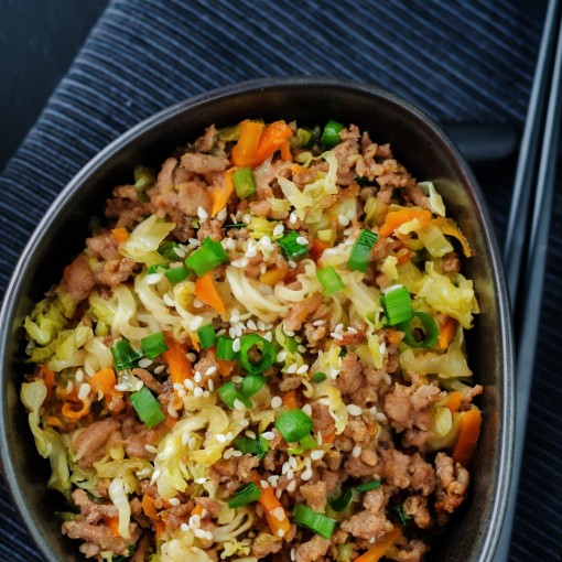 a3. menu de la semaine: Sauté de bœuf haché et légumes à la coréenne, nouilles aux oeufs